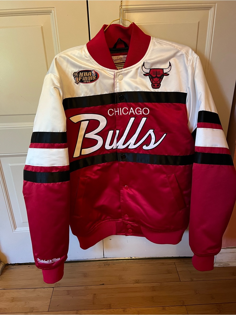 NBA Chicago Bulls Red White and Black Satin Puffer Jacket